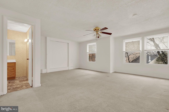 unfurnished bedroom with multiple windows, light carpet, and a textured ceiling