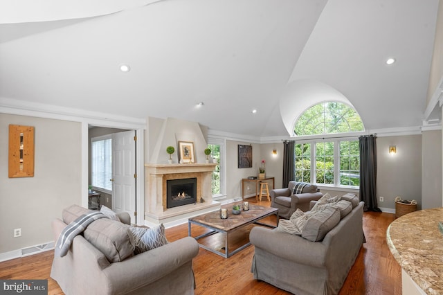 living room with a fireplace, hardwood / wood-style flooring, and vaulted ceiling