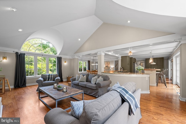 living room with high vaulted ceiling, light hardwood / wood-style floors, and decorative columns