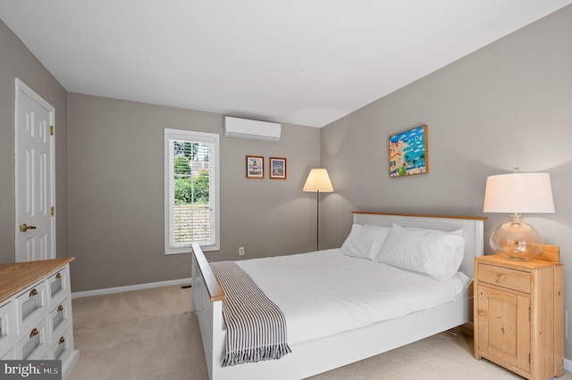 carpeted bedroom featuring a wall unit AC