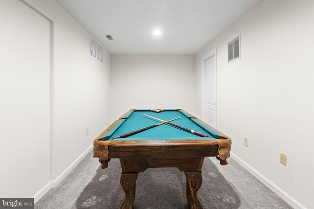 playroom featuring carpet floors and pool table