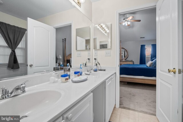 bathroom with vanity, tile patterned floors, and ceiling fan