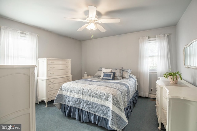 bedroom featuring ceiling fan and dark colored carpet