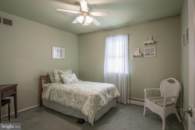 bedroom with ceiling fan, carpet floors, and baseboard heating