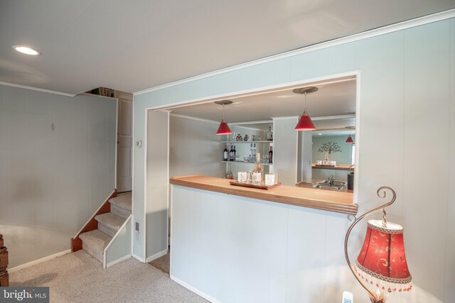 bar with pendant lighting, crown molding, carpet floors, and butcher block counters