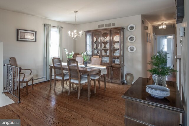 dining room with dark hardwood / wood-style floors and a chandelier