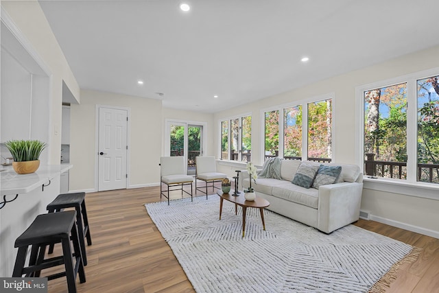 living room with hardwood / wood-style floors and a healthy amount of sunlight