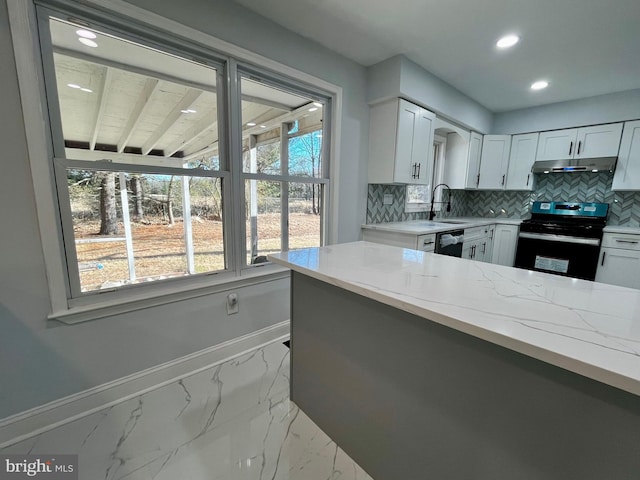 kitchen with electric stove, light stone counters, white cabinetry, and black dishwasher