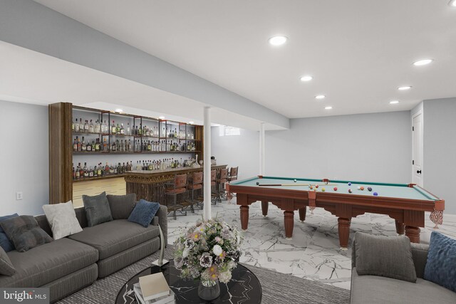 rec room with pool table and bar area