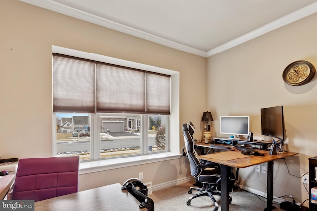 office area with crown molding and carpet