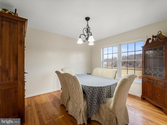 dining space with a notable chandelier and light hardwood / wood-style floors