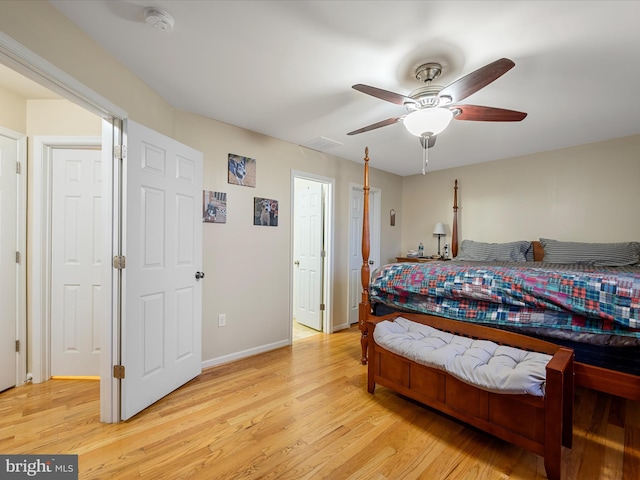 bedroom with ceiling fan and light wood-type flooring