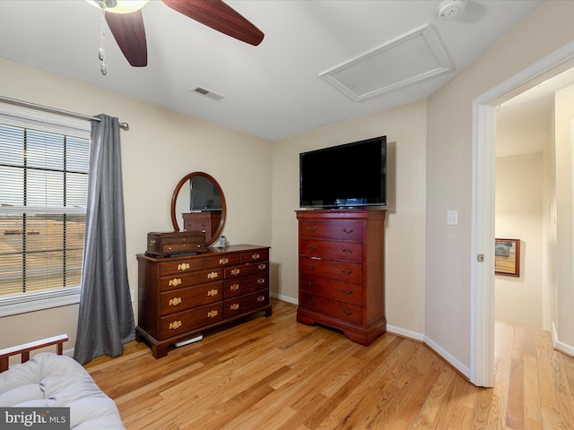 bedroom featuring ceiling fan and light wood-type flooring