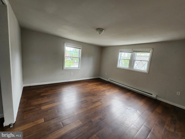 empty room featuring a baseboard radiator and dark hardwood / wood-style floors