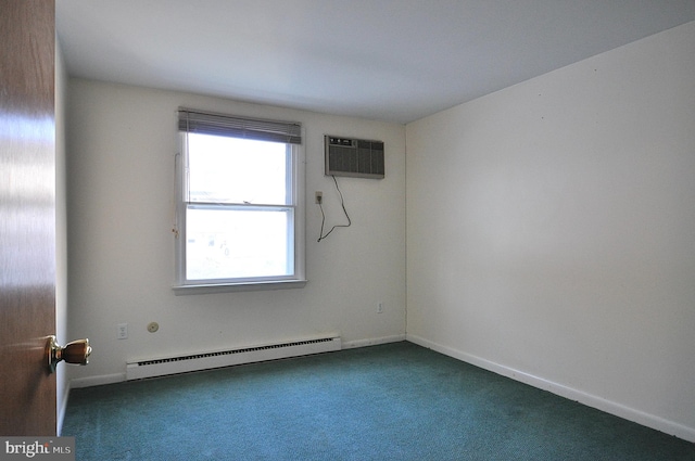 carpeted spare room featuring a baseboard radiator and an AC wall unit