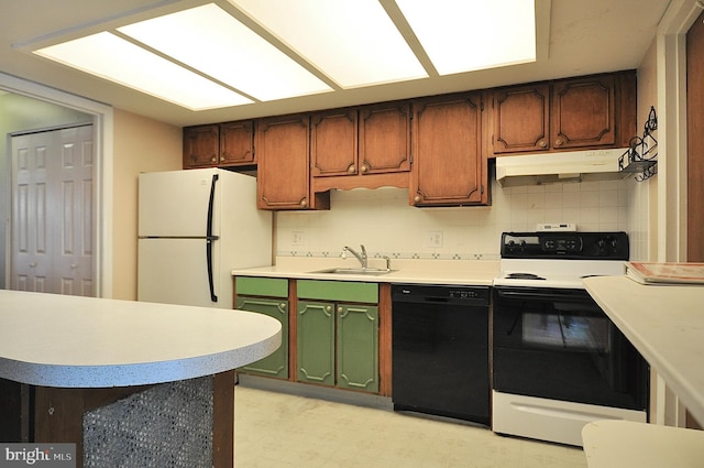 kitchen featuring range with electric stovetop, tasteful backsplash, black dishwasher, sink, and white fridge