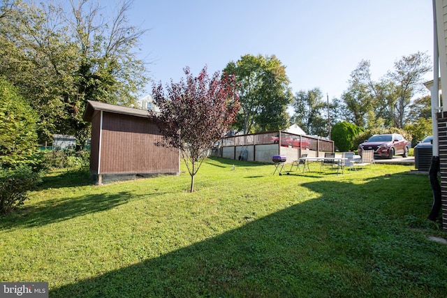 view of yard featuring a storage shed