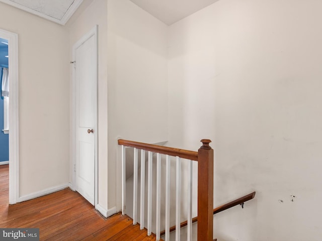 staircase featuring baseboards and hardwood / wood-style flooring