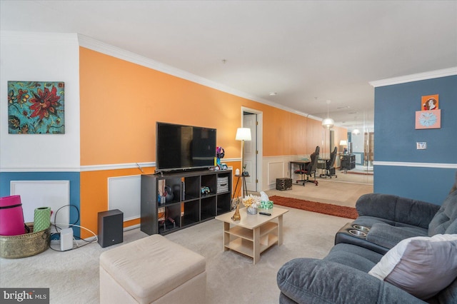 living room with crown molding and light colored carpet