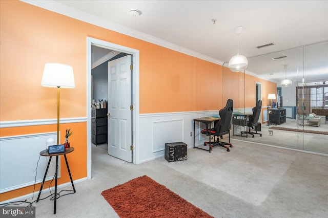 office with ornamental molding and light colored carpet