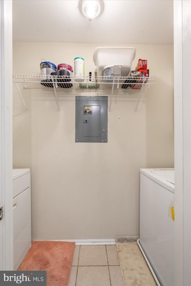 laundry room with light tile patterned flooring and electric panel