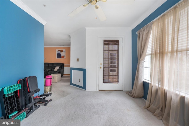 interior space featuring ornamental molding, ceiling fan, and carpet flooring