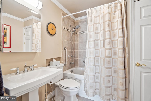 full bathroom featuring ornamental molding, sink, shower / bath combination with curtain, and toilet