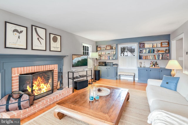 living room featuring a fireplace and light hardwood / wood-style flooring