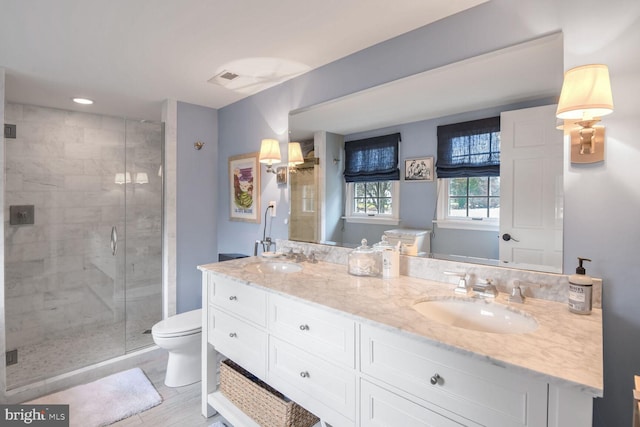 bathroom featuring vanity, toilet, and walk in shower