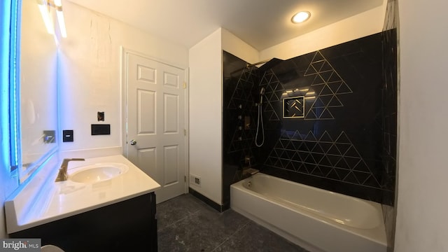 full bath with shower / tub combination, tile patterned flooring, and vanity