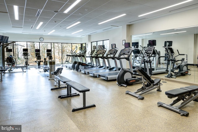 workout area with a paneled ceiling