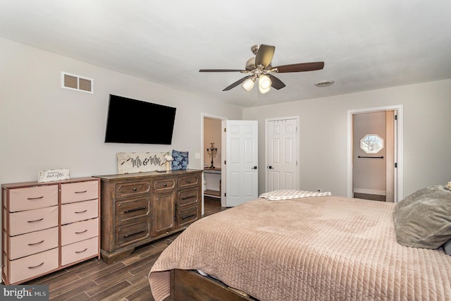 bedroom with dark wood-type flooring and ceiling fan