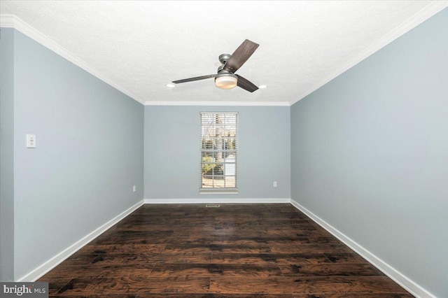 unfurnished room with dark wood-type flooring, ceiling fan, ornamental molding, and a textured ceiling