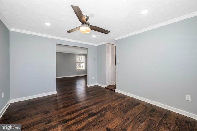 spare room featuring ceiling fan, crown molding, dark hardwood / wood-style floors, and a textured ceiling