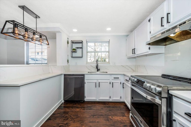 kitchen with white cabinetry, hanging light fixtures, stainless steel appliances, and sink