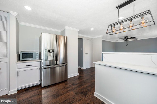 kitchen featuring white cabinetry, dark hardwood / wood-style flooring, hanging light fixtures, ceiling fan, and stainless steel refrigerator with ice dispenser