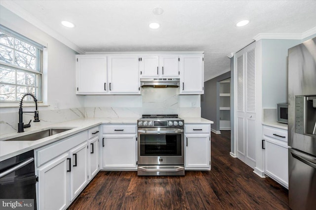 kitchen featuring white cabinetry, stainless steel appliances, dark hardwood / wood-style floors, and sink