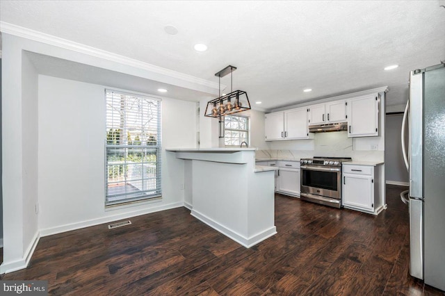 kitchen with stainless steel appliances, dark hardwood / wood-style floors, white cabinets, decorative light fixtures, and kitchen peninsula