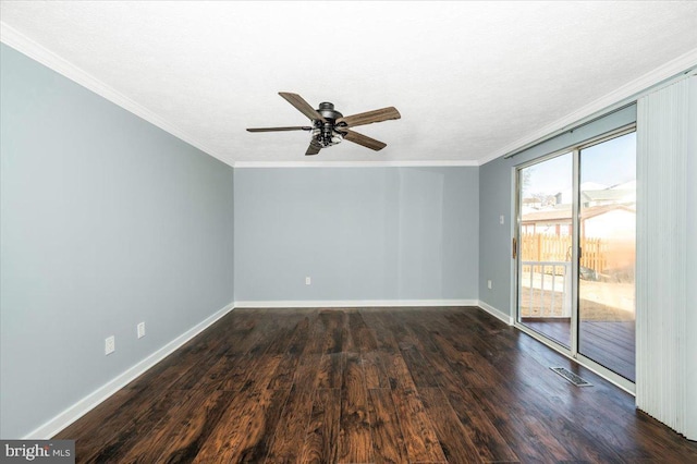 empty room with dark wood-type flooring, ceiling fan, crown molding, and a textured ceiling