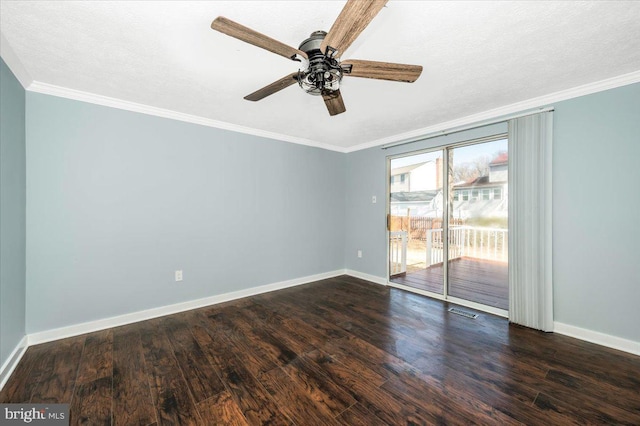 spare room featuring ornamental molding, dark hardwood / wood-style floors, a textured ceiling, and ceiling fan