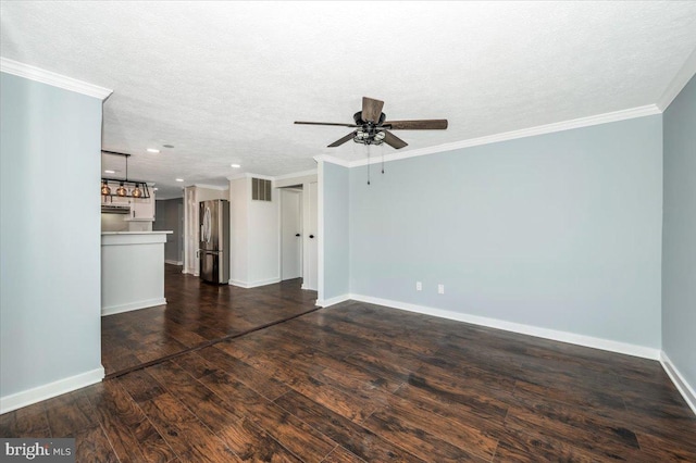 unfurnished living room featuring crown molding, ceiling fan, dark hardwood / wood-style floors, and a textured ceiling