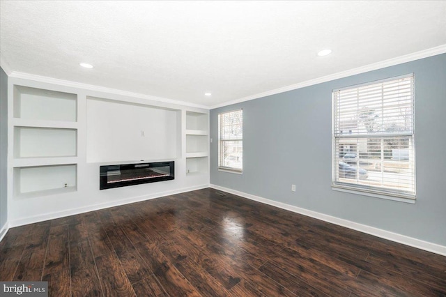 unfurnished living room featuring hardwood / wood-style flooring, crown molding, built in features, and a textured ceiling