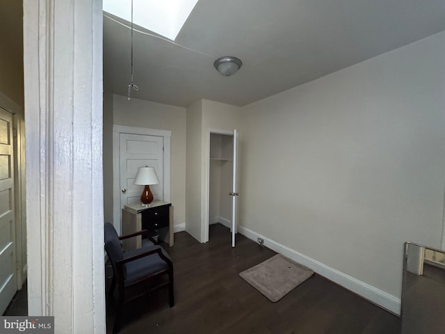 interior space featuring dark wood-type flooring and a skylight