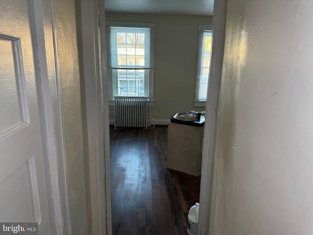 hall with dark hardwood / wood-style floors and radiator heating unit