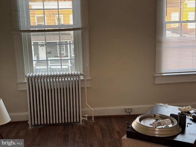 interior space featuring radiator heating unit and dark hardwood / wood-style flooring