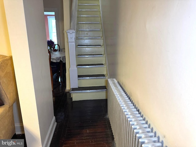 stairs with hardwood / wood-style flooring and radiator heating unit