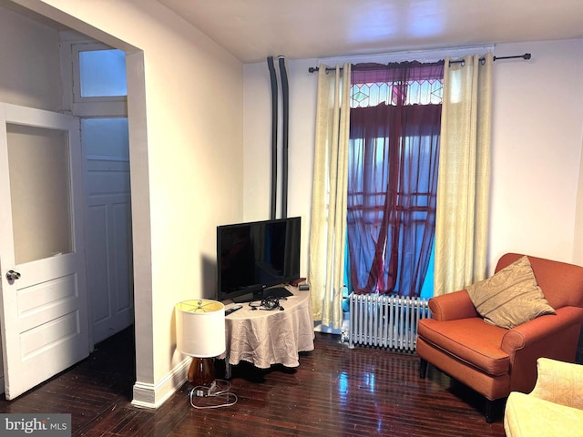 living room featuring radiator and hardwood / wood-style floors