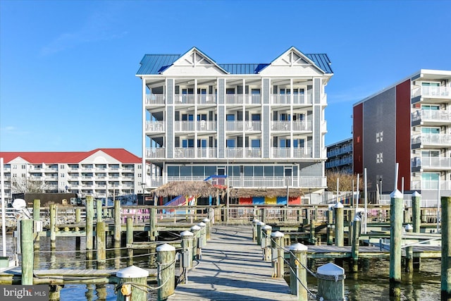 dock area featuring a water view