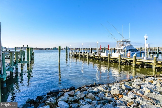 view of dock with a water view