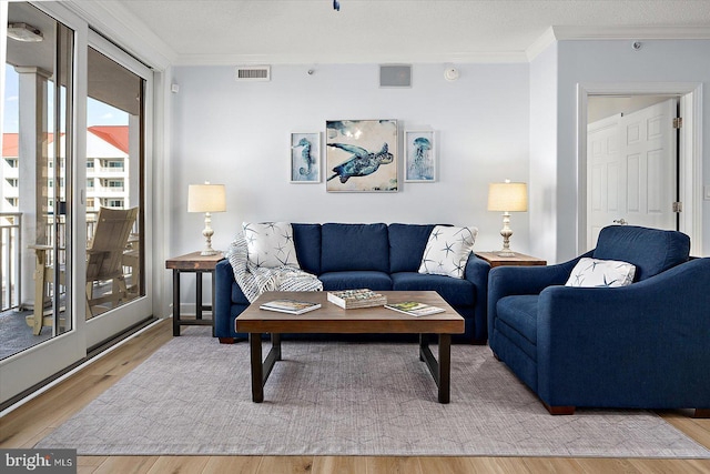 living room featuring ornamental molding and light wood-type flooring